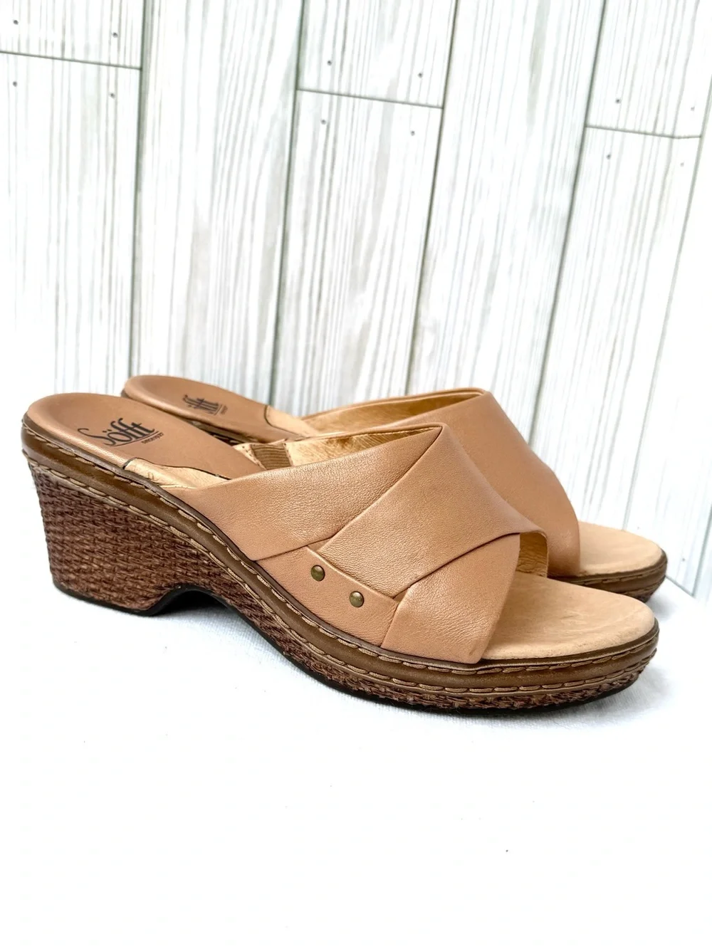 Sofft Tan Leather Wedge Sandals